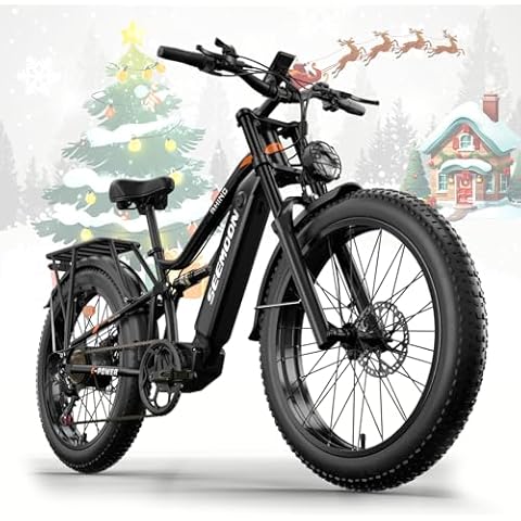 Seemoon Electric Bike,52V 19Ah 1500W Motor 26" Fat Tire Ebike for Adult,Max 32-36 mph & 30-100 Miles Full Suspension,Hydraulic Brakes Mountain,E Bicycle for Men (1 Motor, Black&Orange) Cover