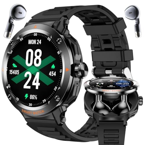 2-in-1 Smartwatch with Earbuds - Zinc Alloy Bezel 1.46 Round Display Bluetooth Call Function Music Playback NFC Multiple Sports Modes Fitness Tracking Compatible with iPhone Android Smartphone