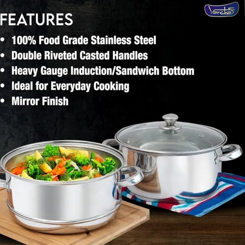 Image of VARCHAS Stainless Steel 2 Tier Momo Steamer 20cm Diameter with Glass Lid and Riveted Handles | Multi Purpose | Induction Bottom and Gas Base | Silver