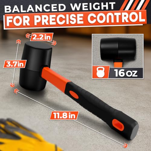 Image of Rubber Mallet Hammer 16 Oz, Soft Face Non-Marring Head (Orange) | Heavy Duty Mallet with Anti-Vibration Non-Slip Grip; for Flooring, Cabinets, Trim, Woodworking, and Furniture Assembly