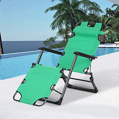 Outsunny Tanning Chair, 2-In-1 Beach Lounge Chair & Camping Chair W/Pillow & Pocket, Adjustable Chaise For Sunbathing Outside, Patio, Poolside, Green #TOP1