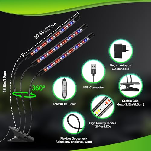 Lampe de croissance pour plantes d'intérieur LED 3 têtes 120 LED - 6