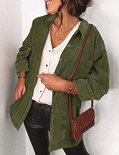 Saslax Womens Corduroy Shirt Long Sleeve Oversized Button Up V Neck Blouses Tops Loose Shacket Jacket With Pockets Army Green X-Large #TOP1