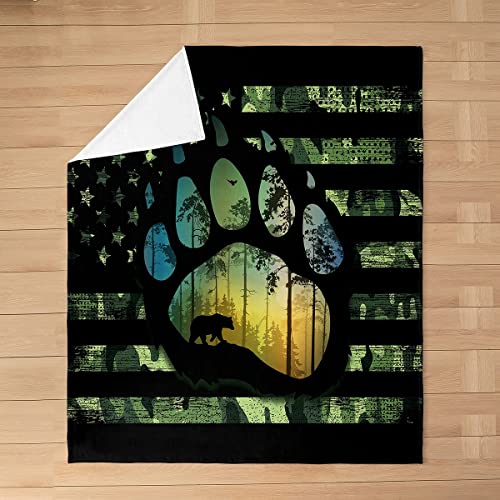 Homewish Wild Bear Flannel Blanket Animal Paw Print Green Camouflage Fleece Blanket For Kids Teens Adults American Flag Pattern Western Jungle Style Throw Blanket For Room Decor Chairs Throw 50X60 #TOP2