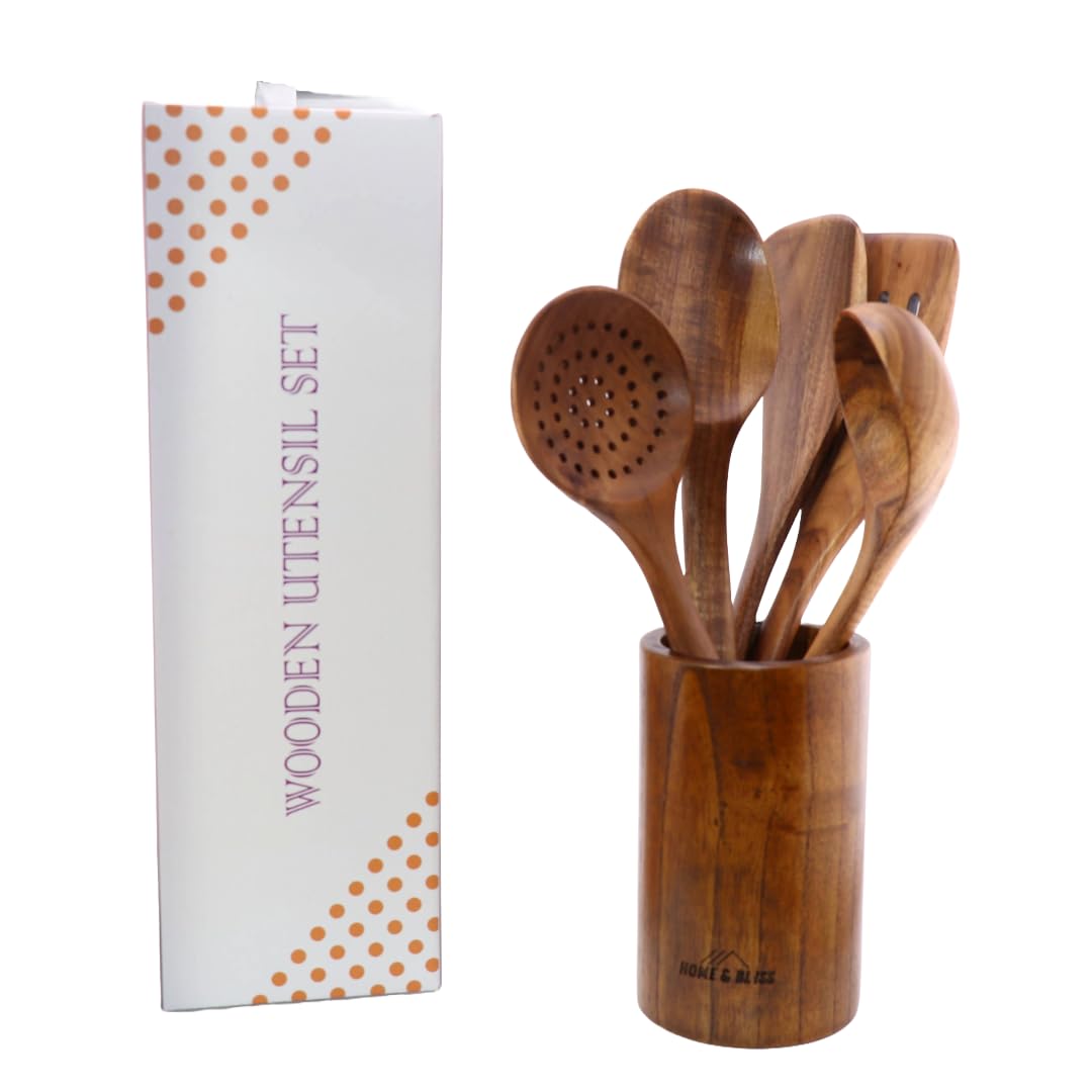 Home & Bliss 5-Piece Wooden Kitchen Utensil Set With Holder - Spoon Set Designed For Nonstick Cooking & Baking - Natural Teak Wood - Lightweight, Heat-Resistant, Durable, Comfortable Grip for Mixing
