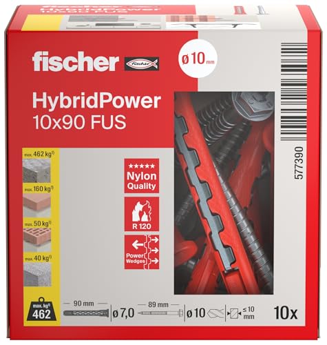 Miniatura 2 de Fischer Hybridpower 10 X 90 Fus, Tacos Para Máxima Capacidad De Carga Y Seguridad, Fácil Montaje Sin Herramientas De Montaje, Universal Para Materiales Perforados Y Sólidos, Mampostería, Hormigón