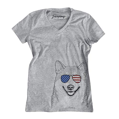 Patriotic Mitsu The Shiba Inu Dog Women's Triblend T-Shirt Modern Fit V-Neck Medium Grey