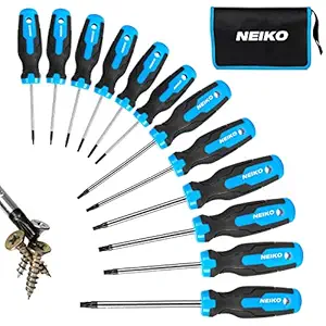 NEIKO 01377A Magnetic Torx Screwdriver Set | 12 Piece | T5 T40 | 6 Point Star Head Driver | Heat Treated Chrome Vanadium Steel | Non Slip Cushioned Handle Grip | Magnet Bit Tip | Carrying Pouch