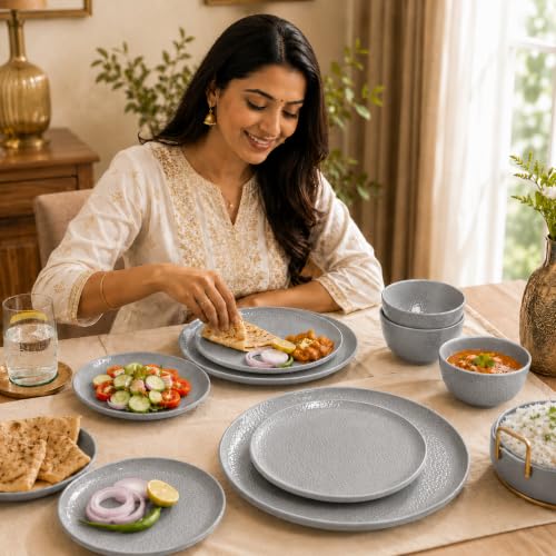 Image of Market99 Heavy-Duty Grey Hammered Melamine Dinner Set - 12 Pieces | Includes 4 Dinner Plates, 4 Side Plates & 4 Soup Bowls | Matte Finish Tableware for Daily Meals, Kitchen & Modern Dining Setup