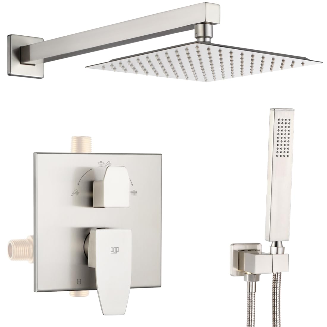 Kit de douche POP nickel brossé avec pommeau 25,4 cm et mitigeur complet