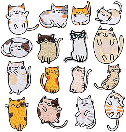 16Pcs Cat Iron on Patches for Clothing, Jeans, Backpacks, Jackets. Sew Embroidered Applique DIY Patches-Cute Cat Decoration Patches