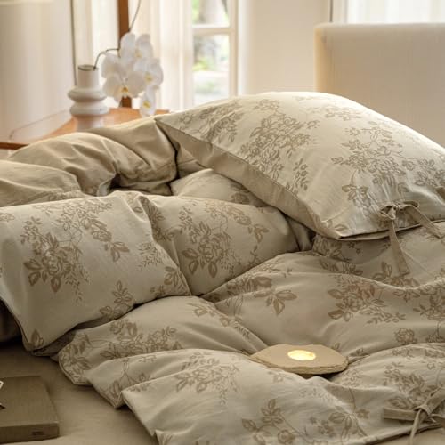 VM VOUGEMARKET Garden Floral Duvet Cover Queen,3 Pcs Yarn-Dyed Jacquard Textured Duvet Cover with Bowknot Retro Monet Style Bedding Set-90"x90",Khaki