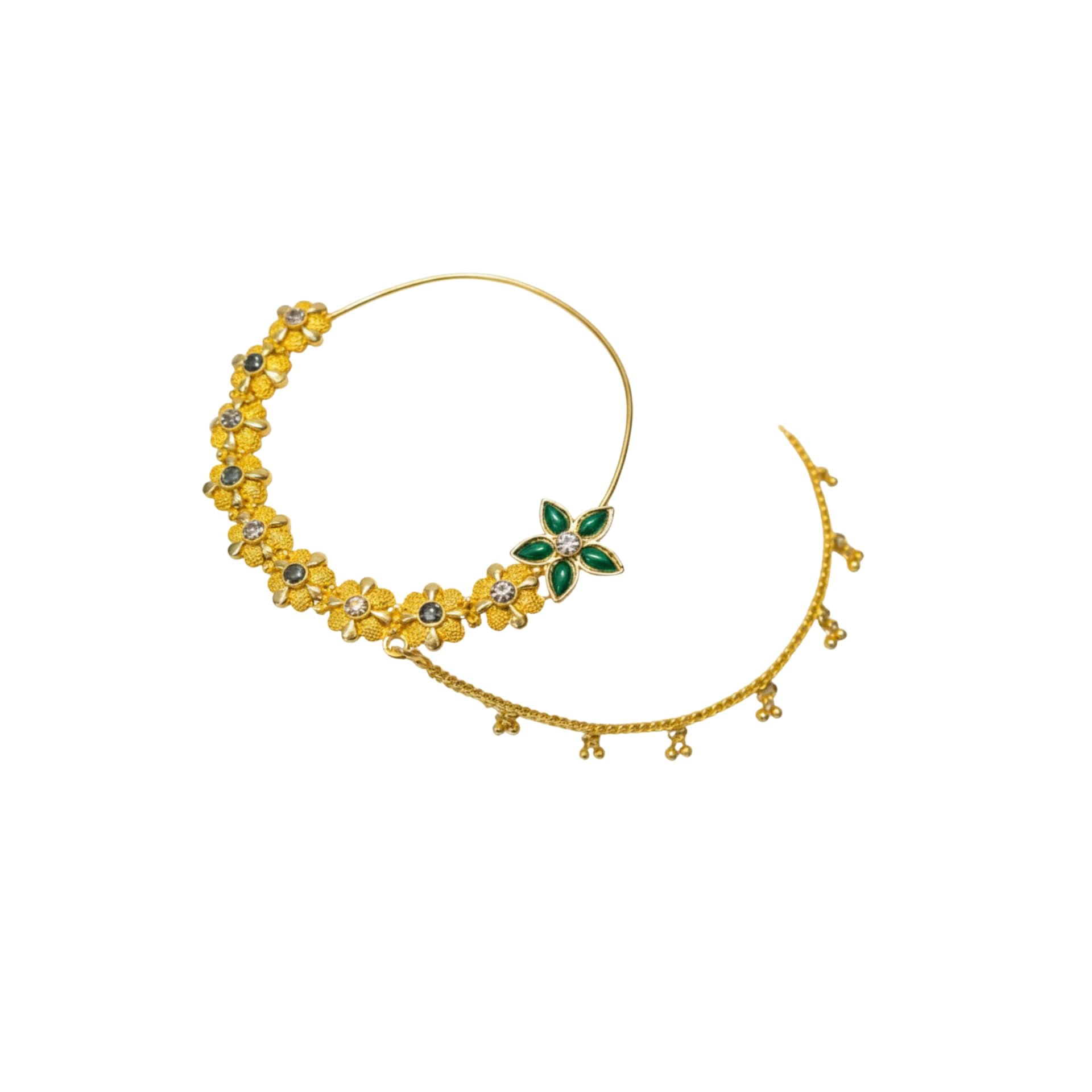 gungun jewellery Green Flower Nath, Traditional Indian Nose Ring with Green Stone Floral Design-picture-43