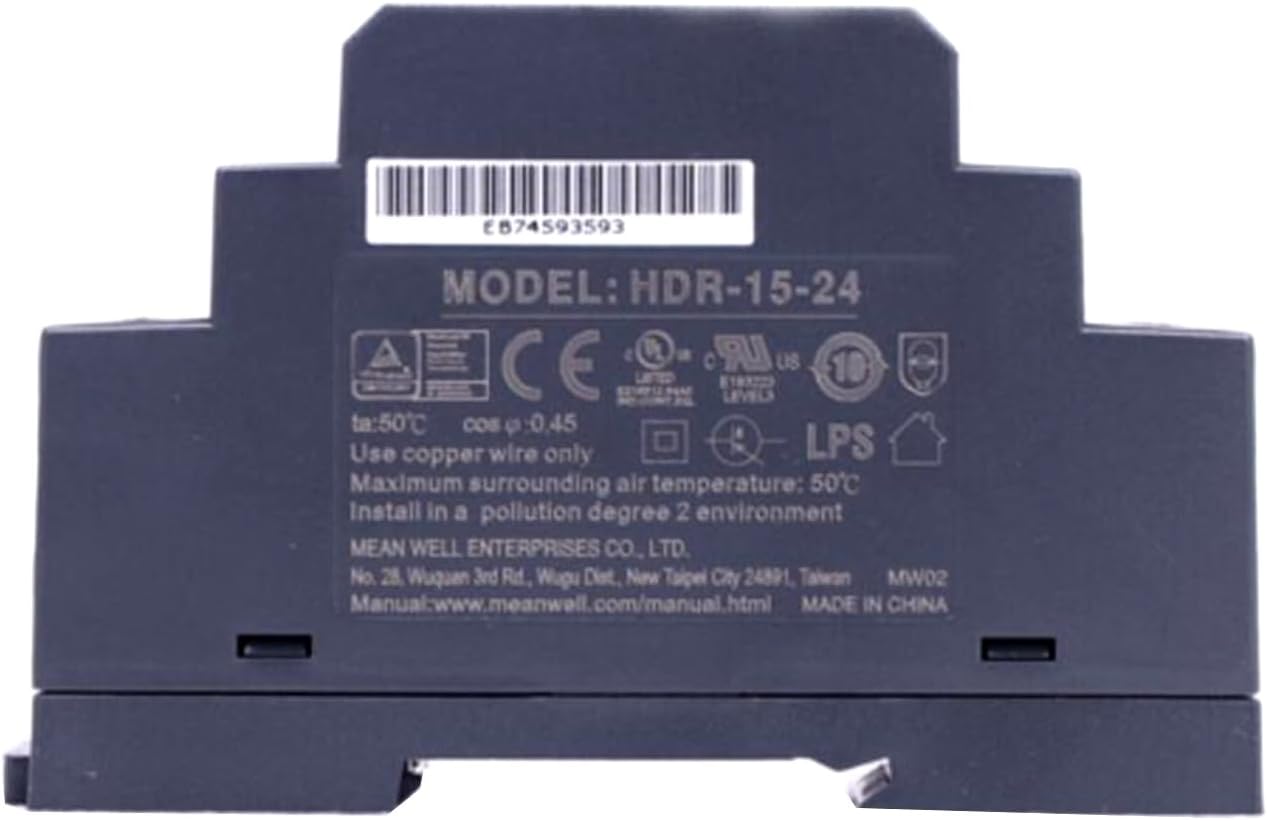 HDR-15-24 24V 0.63A 15W DIN Rail Power Supply, 17.5mm Slim | 85-264VAC universal input, providing a stable 24V power supply for PLCs, sensors, and instruments