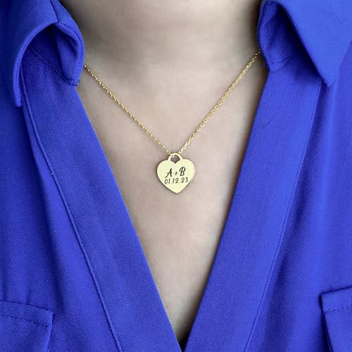 Personalized Couple Name Initial Date Engraved Necklace for Women, Custom Dainty Name Letter Anniversary Necklace for Couple, Customized Jewelry Heart Pendant Necklace Christmas Mother's Day Gifts.4