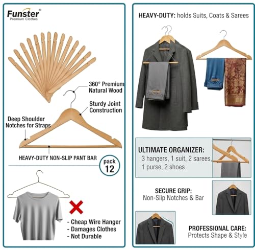 Image of Funster Wooden Hangers for Clothes - Premium Solid Wood Coat Hangers, Durable Anti-Slip Notches, Heavy Duty Clothes Hanger Set for Wardrobe, Shirts, Suits, Dresses (Pack of 12, Brown)