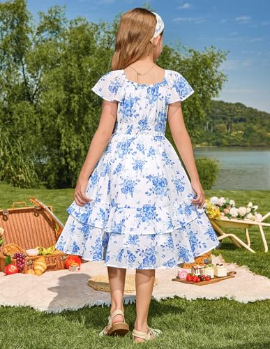 GRACE KARIN Girls Floral Summer Dress Flutter Sleeve Square Neck Midi Casual Dress for Girl 6-14Y - Image 4