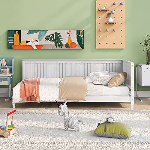 Twin Size Daybed, Wood Twin Low Bed Frame With Headboard And Sideboard, Wooden Floor Sofa Bed With Slats Support For Kids Room, Bedroom, Living Room, White #TOP2