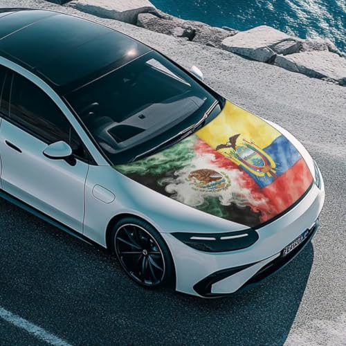 Image of Car Hood Cover Mexican Flag and Ecuador Flag Car Hood Protector Waterproof Universal Automotive Exterior Accessories Patriotic Decorations for Compact Vehicles Sedans Trucks SUVs Pickup