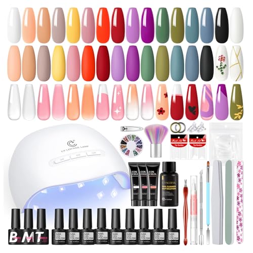 COSCELIA 40Pcs Kit Uñas Semipermanentes con U V/LED Lámpara, 15 Colores kit de uñas semipermanentes Base Coat y 2 Top Coat 3 Colores poly nail gel, Decoraciones y Herramientas para Uñas