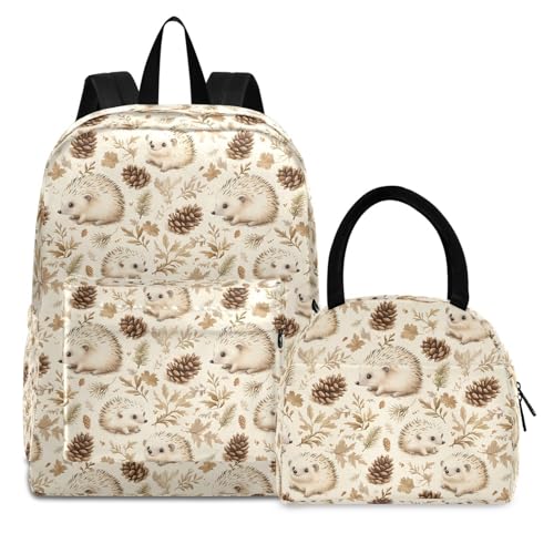 Backpack Lunch Bag Set Hedgehog Pinecone Print, Big Storage Travel Backpacks with Insulated Lunch Box for Office Hiking Picnic