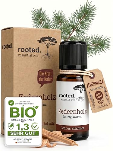 rooted. BIO Zedernholzöl 10ml [100% NATURREIN] - Echtes Zedernholz - Cedrus atlantica - Ätherisches Öl für Aromatherapie Duftlampe Diffusoren Raumduft Duftkerzen und -Seifen