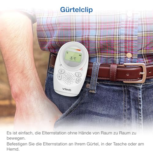 VTech BM1211 Baby-Audioüberwachungsmonitor, klare Klang- und Sicherheitsübertragung, Lange Reichweite, 5-stufiger Lautstärkeregler, Nachtlicht, Babysprechfunktion, Gürtelclip