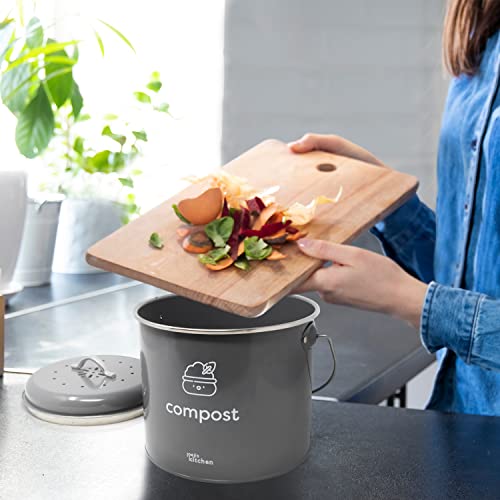 Joeji’s Kitchen 3,5L groß Biomülleimer für die Küche - Metall Kompost Küchenkomposteimer mit Deckel - 3er Aktivkohlefilter enthalten - Küchenbiomülleimer Biomüllbehälter - Grau