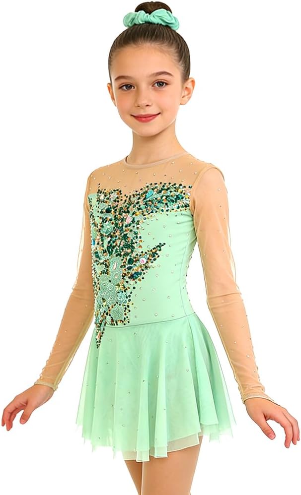 Mint Green Figure Skating Dress for Girls, ice Performance Costume, Decorated with Rhinestone appliqués.