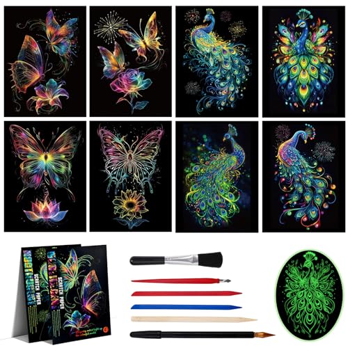 Kratzbilder Set XIATIAN Kratzmalerei Kratzkarten A4 für Erwachsene Magic Rainbow A4 Kratzpapier Kreatives Scratch Art Glow in the Dark für DIY-Handwerk (Nachtleuchtend Schmetterling+Pfau)