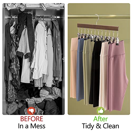 Cinpiuk Legging Organizer For Closet, Wooden Hangers With Clips Holds 12 Leggings/Yoga Pants/Jeans/Skirts, Hanging Pants Hangers W/Rubber Coated Clips Space Saving Closet Organizer, Walnut #TOP1