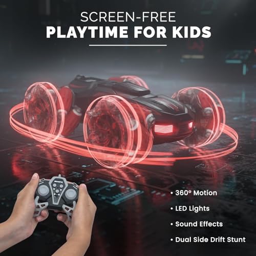 Image of MiniExplorer 4WD Double Sided RC Smoke Stunt Drift Car | 360 Rotating Remote Control Toy with Spray Mist, LED Lights & Rechargeable Battery | High Speed Off Road RC Car for Kids 8-14+ Years | Black