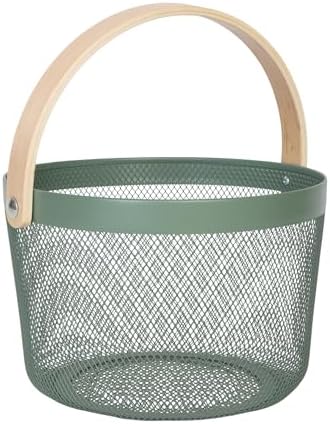 Relaxdays Steel Storage Basket with Handle, Round, Metal and Wood...
