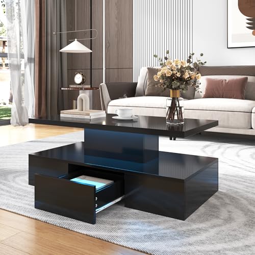 Merax Coffee Table with Hidden Drawer, High-gloss Finish Coffee Tables for Living Room, Side Table with 2 Storage Levels, Modern Coffee Table with LED light, 100x50x39cm, Black