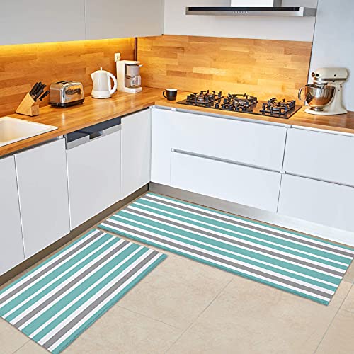 2 stuks Bad Rug Set Teal Groen, Wit en Grijs Strepen Badkamer Vloermat Gestreept Patroon Absorberend Non Skid Badmat… - Image 5