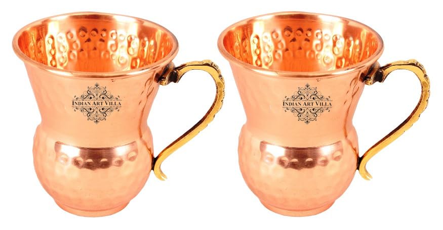 Indian Art Villa Pure Copper Beer Mug Cup, Mathat Shaped Hammered Design Moscow Mule Beer Mug Cup, Barware and Drinkware, Volume- 14 Oz, Set of 2