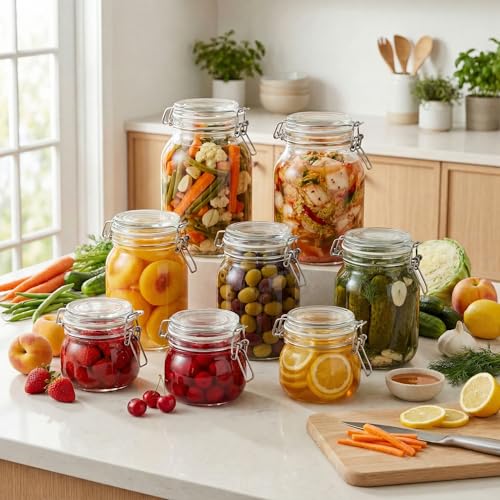 Image of 32 oz Round Glass Jars with Airtight Lids, 4 Pack Mason Jar with Clamp Lids | Air Tight Glass Food Storage Containers with Lids Keep Food Dry & Fresh, Best Canister for Flour, Sugar, Cereal, Rice, Coffee