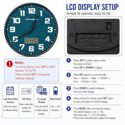 Image of Cloud Space 12 inch Silent Wall Clock Battery Operated, Non Ticking Modern Wall Clock with LCD Calendar & Fahrenheit Temperature Display, Easy-to-Read Kitchen Bedroom Office Living Room Wall Clock