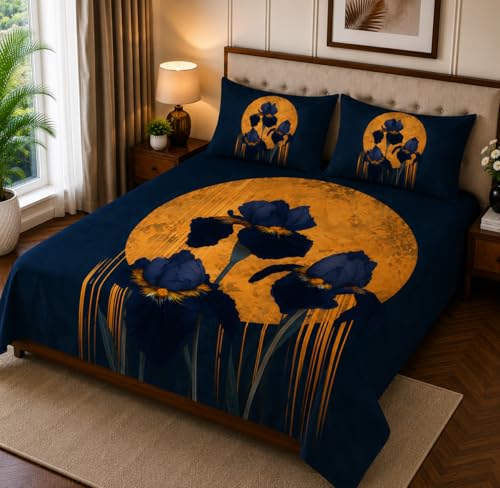 Image of 7D Digital Printed King Size Bedsheet with 2 Pillow Covers | Soft Premium Cotton Feel Microfiber Double Bed Bedsheet | Breathable,Wrinkle Free & Fade Resistant | (Navy Blue,King-225 x 250 CM)