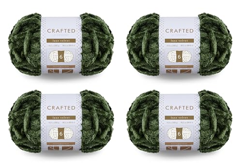 Crafted By Catherine Luxe Velvet Solid Yarn - 4 Pack (300 g / 10.5 oz, 98 Yards Each Skein), Olive, Gauge 6 Super Bulky