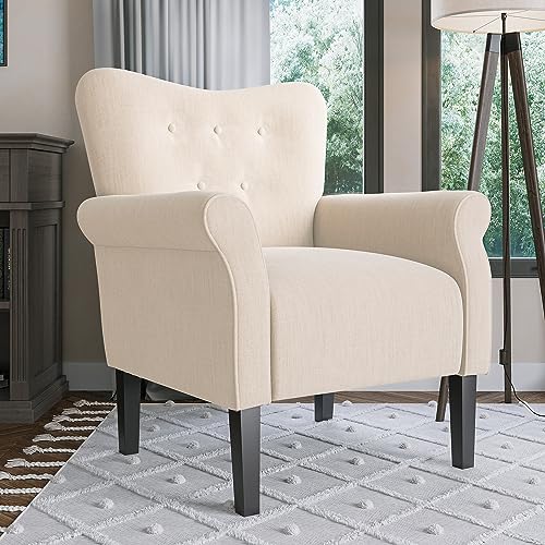 Image of BELLEZE Modern Accent Chair, High Back Armchair, Upholstered Wingback Side Chair, Padded Single Sofa with Wooden Legs for Living Room, Bedroom - Beige