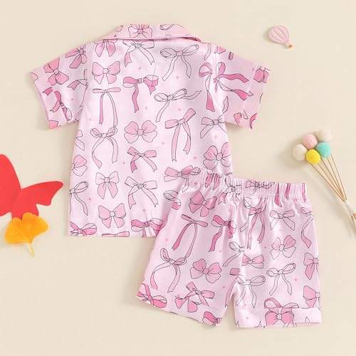MAINESAKA Toddler Girls Pajamas Set Bow Print Short Sleeve Button Down Shirt Tops and Lounge Shorts Satin Silk Pjs Sleepwear3