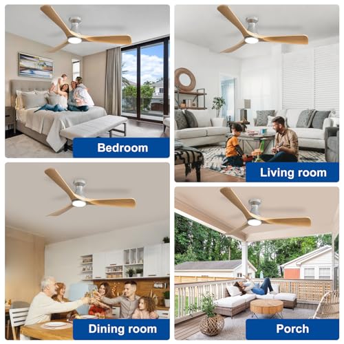 Image of Depuley 52-Inch Ceiling Fans with Lights: Wood 3 Blade Flush Mount Low Profile Ceiling Fan for Bedroom - Dimmable Indoor Outdoor Fan with Remote Control Ultra Quiet DC Motor Timer