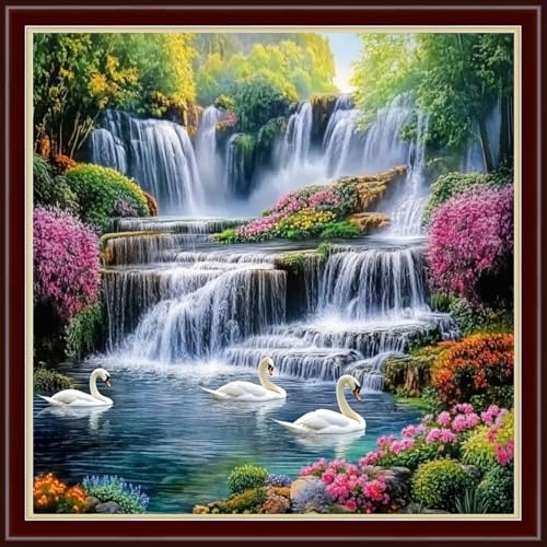 Image of Dimensean Stamped Cross Stitch Kits Full Range of Embroidery Patterns Starter Kits for Beginners Adult DIY Cross Stitches Needlepoint Kits 11CT-Swan Lake Waterfall 18x18 inch