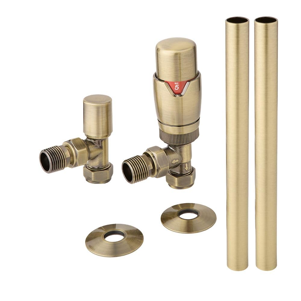 Milano Gold Brushed Angled Heated Towel Rail Radiator Thermostatic Lockshield Valve Pipe Connector