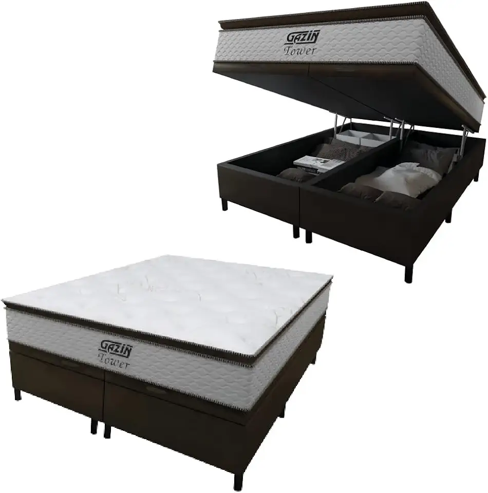 Cama Box Baú King Gazin Colchão Molas Ensacadas Com Pillow Top Tower 193x203x75cm Branco/Marrom Suporta até 120kg por Pessoa