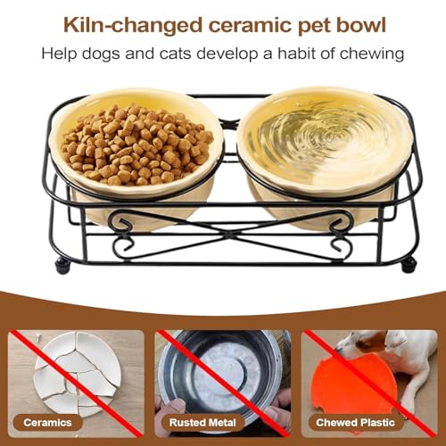 Écuelle à nourriture pour chat avec support et distributeur amovible en céramique - 3