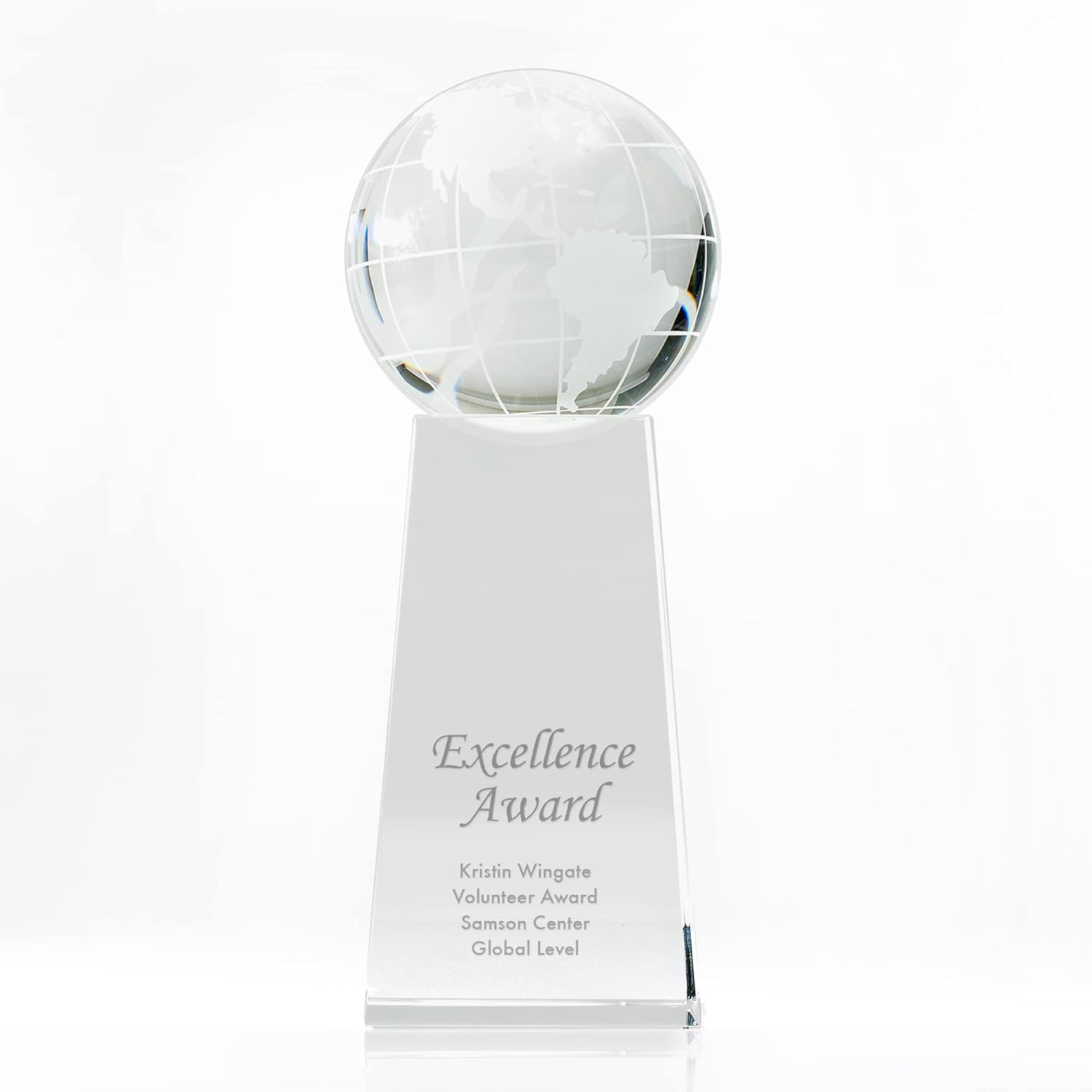 Engraved Trophy - Executive Crystal - Stately Globe on Rectangular Base - Comes in Gift Box - Award for Employees
