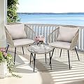 YITAHOME 3-Piece Wicker Small Patio Balcony Chair Set, Outdoor Rattan Conversation Apartment Chairs for Backyard, Balcony and Apartment with Soft Cushions, Glass Side Table Gray