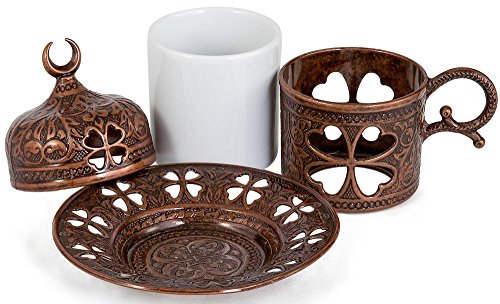 Demmex Türkischer Kaffee Espressotasse mit Innenporzellan, Metallhalter, Untertasse und Deckel, 4 Stück (antikbraun) Cover